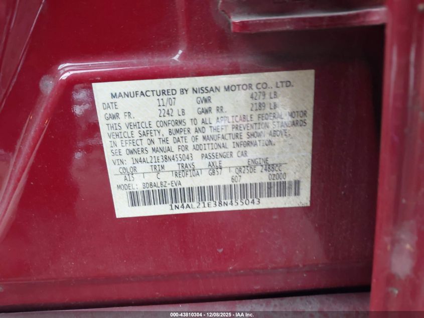 2008 Nissan Altima 2.5 S VIN: 1N4AL21E38N455043 Lot: 43810304
