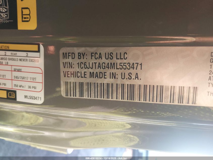 2021 Jeep Gladiator Sport S 4X4 VIN: 1C6JJTAG4ML553471 Lot: 43810314