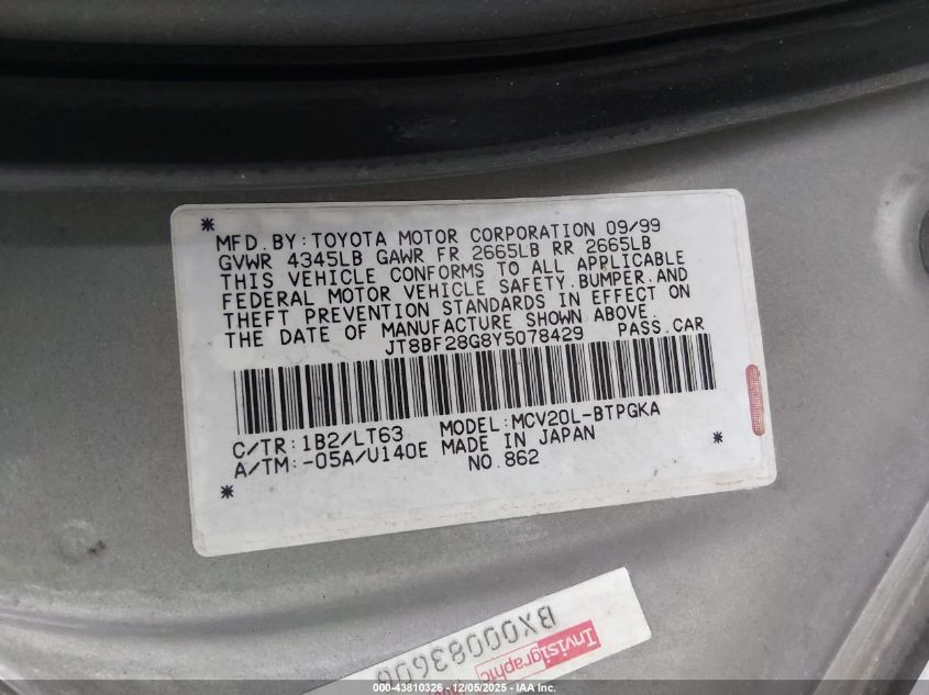 2000 Lexus Es 300 VIN: JT8BF28G8Y5078429 Lot: 43810326