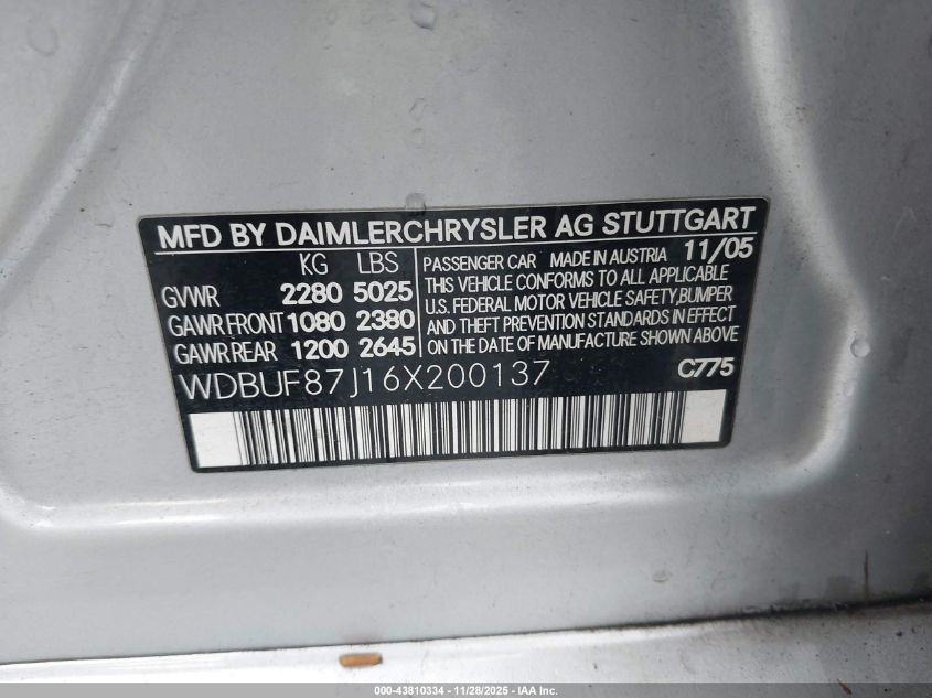 2006 Mercedes-Benz E 350 4Matic VIN: WDBUF87J16X200137 Lot: 43810334