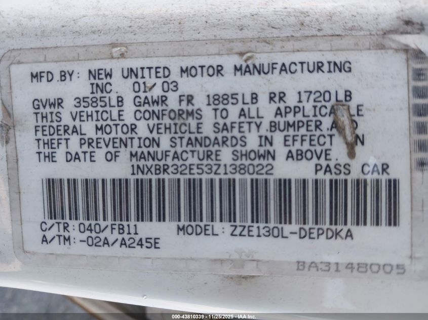 2003 Toyota Corolla Ce VIN: 1NXBR32E53Z138022 Lot: 43810339