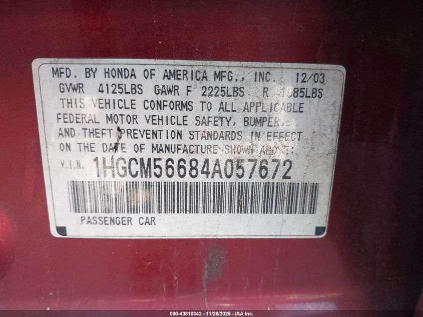 2004 Honda Accord 2.4 Ex VIN: 1HGCM56684A057672 Lot: 43810342