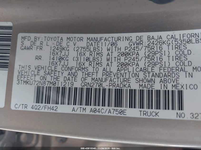 2007 Toyota Tacoma Prerunner V6 VIN: 3TMKU72N87M011219 Lot: 43810348