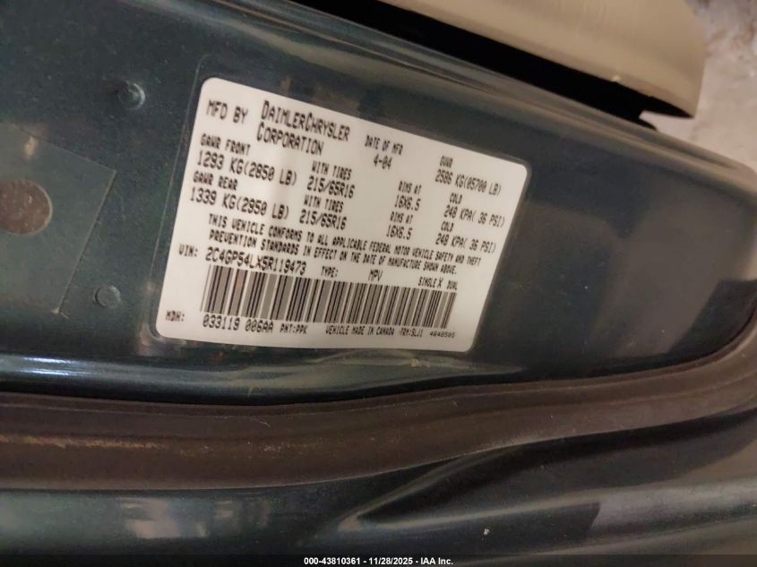 2005 Chrysler Town & Country Touring VIN: 2C4GP54LX5R119473 Lot: 43810361