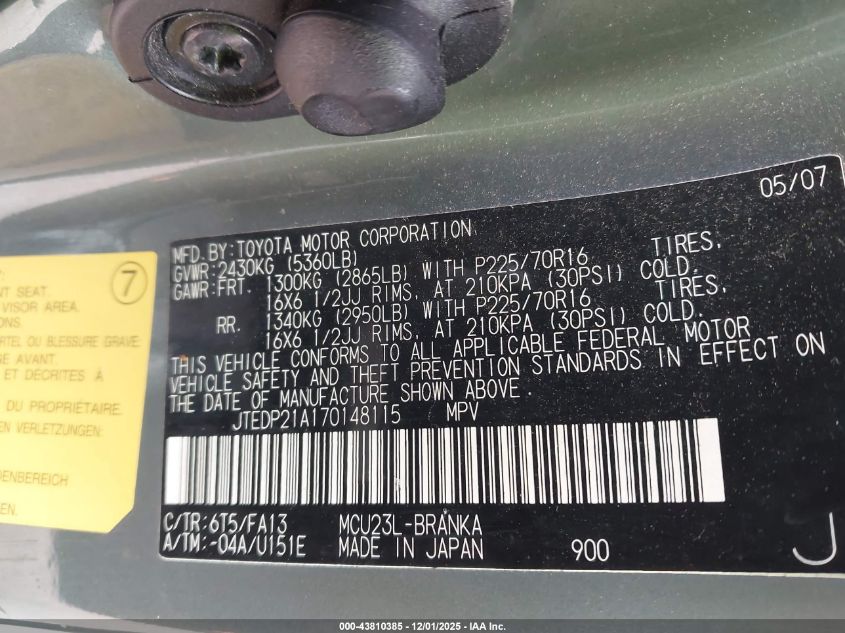 2007 Toyota Highlander 3Rd Row VIN: JTEDP21A170148115 Lot: 43810385