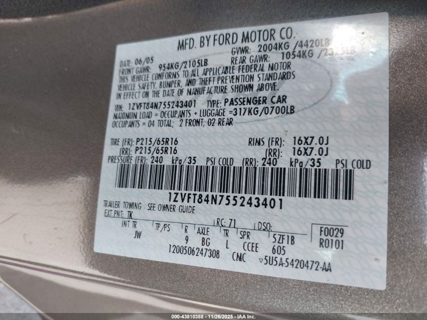 2005 Ford Mustang VIN: 1ZVFT84N755243401 Lot: 43810388
