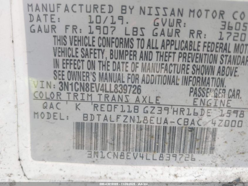 2020 Nissan Versa Sv Xtronic Cvt VIN: 3N1CN8EV4LL839726 Lot: 43810389