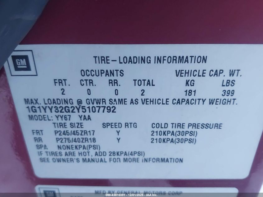 2000 Chevrolet Corvette VIN: 1G1YY32G2Y5107792 Lot: 43810391