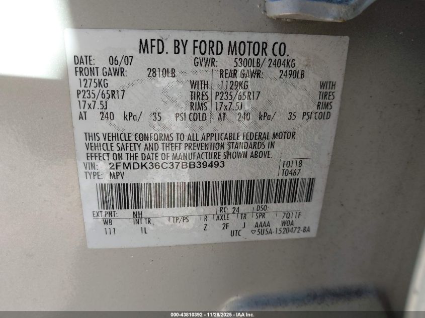 2007 Ford Edge Se VIN: 2FMDK36C37BB39493 Lot: 43810392