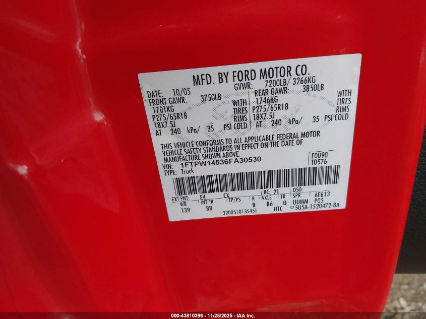 2006 Ford F-150 Fx4/Lariat/Xlt VIN: 1FTPW14536FA30530 Lot: 43810396