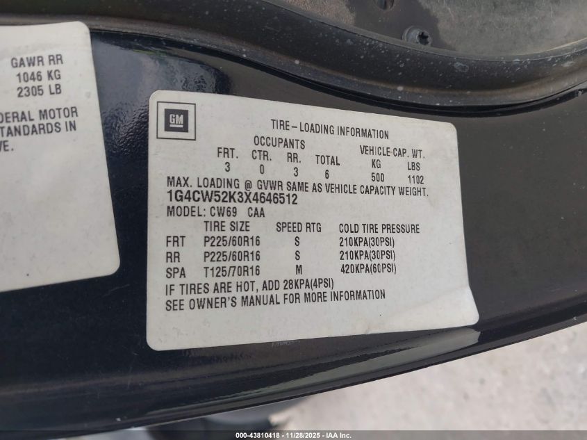 1999 Buick Park Avenue VIN: 1G4CW52K3X4646512 Lot: 43810418