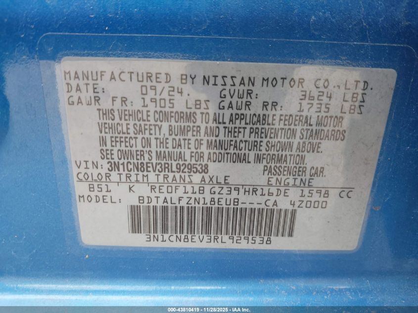 2024 Nissan Versa 1.6 Sv VIN: 3N1CN8EV3RL929538 Lot: 43810419