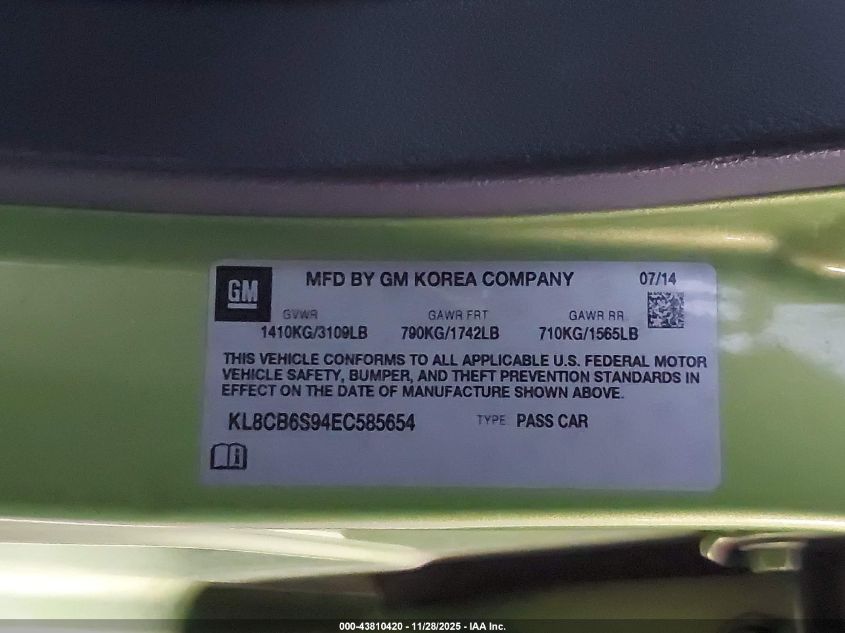 2014 Chevrolet Spark Ls Auto VIN: KL8CB6S94EC585654 Lot: 43810420