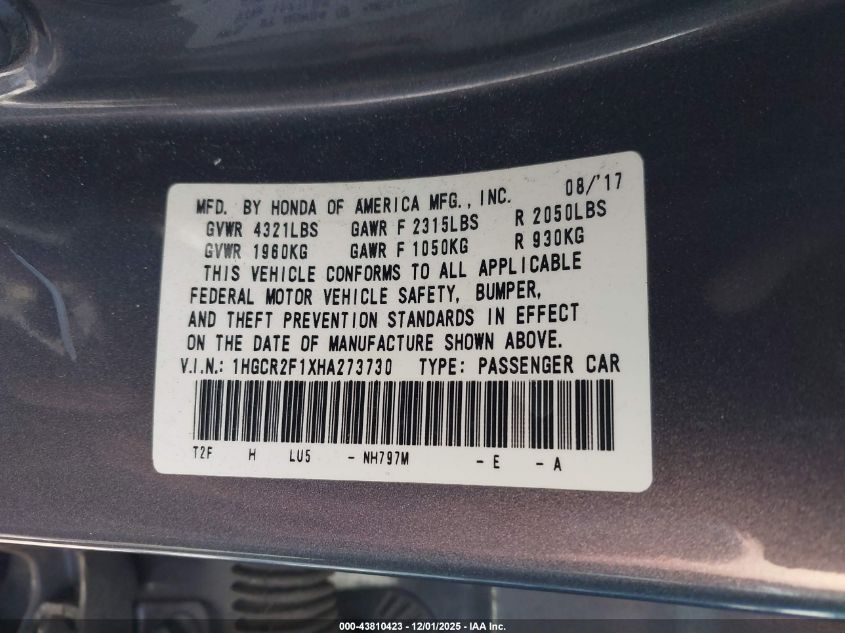 2017 Honda Accord Sport Se VIN: 1HGCR2F1XHA273730 Lot: 43810423