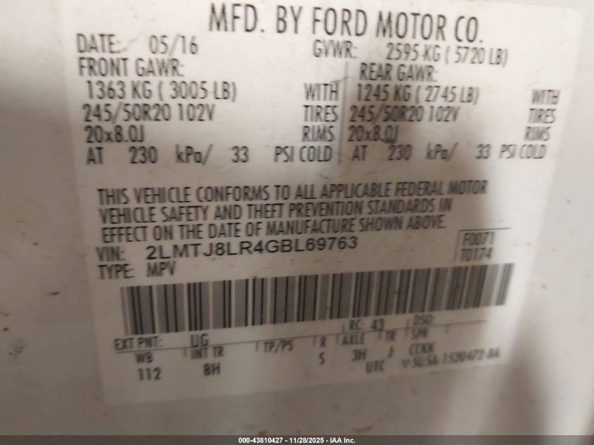 2016 Lincoln Mkx Reserve VIN: 2LMTJ8LR4GBL69763 Lot: 43810427