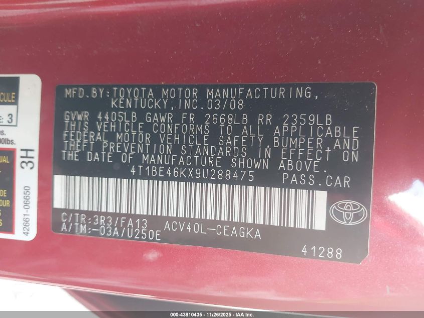 2009 Toyota Camry Xle VIN: 4T1BE46KX9U288475 Lot: 43810435