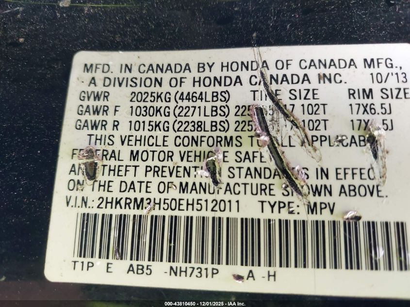 2014 Honda Cr-V Ex VIN: 2HKRM3H50EH512011 Lot: 43810450