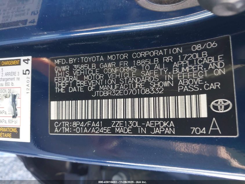 2007 Toyota Corolla Ce VIN: JTDBR32E070108332 Lot: 43810453