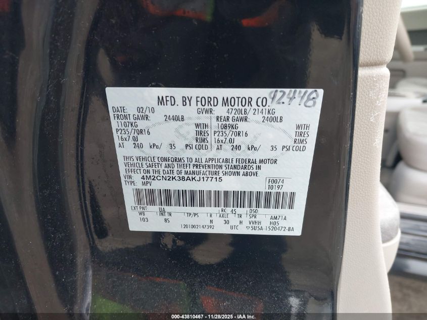 2010 Mercury Mariner Hybrid VIN: 4M2CN2K38AKJ17715 Lot: 43810467