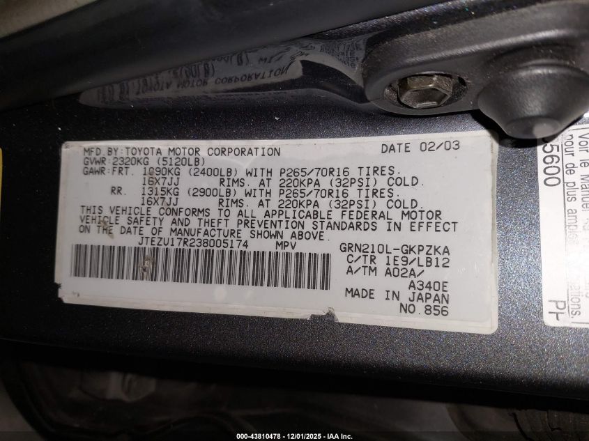 2003 Toyota 4Runner Limited V6 VIN: JTEZU17R238005174 Lot: 43810478