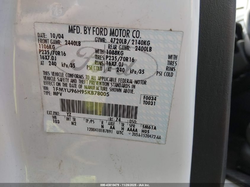 2005 Ford Escape Hybrid VIN: 1FMYU96H95KB78005 Lot: 43810479