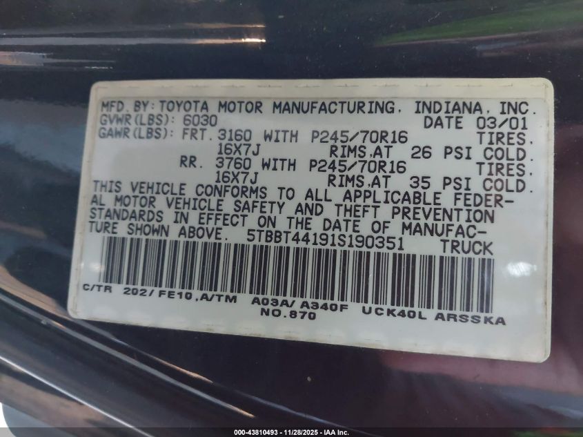 2001 Toyota Tundra Sr5 V8 VIN: 5TBBT44191S190351 Lot: 43810493