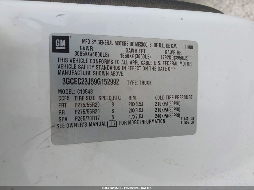 2009 Chevrolet Silverado 1500 Lt VIN: 3GCEC23J59G152992 Lot: 43810502
