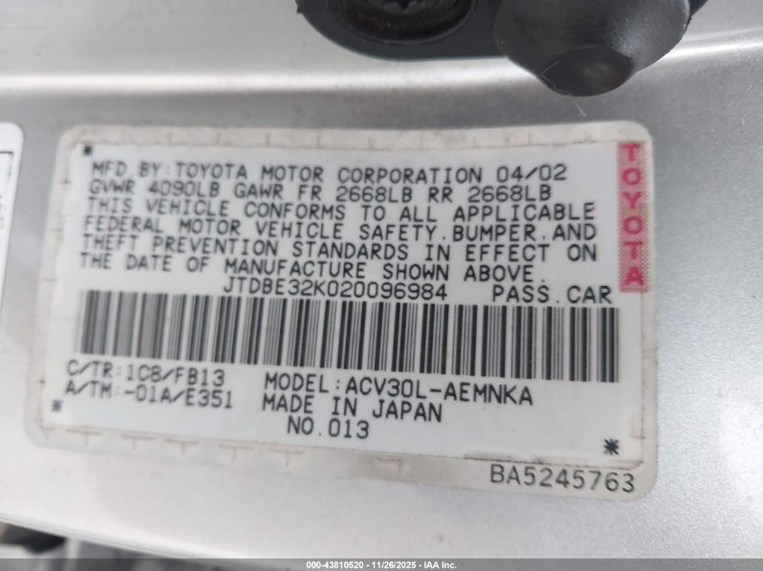 2002 Toyota Camry Le VIN: JTDBE32K020096984 Lot: 43810520