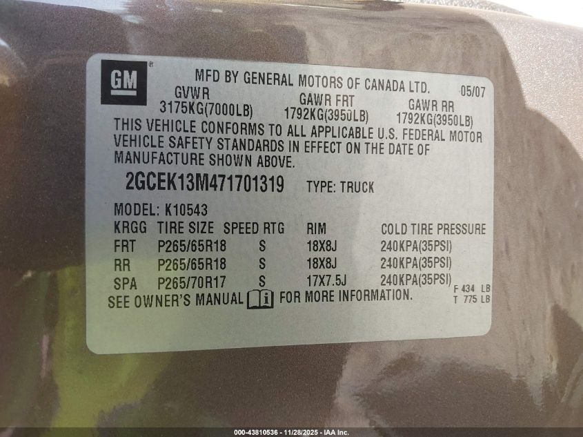 2007 Chevrolet Silverado 1500 Lt2 VIN: 2GCEK13M471701319 Lot: 43810536