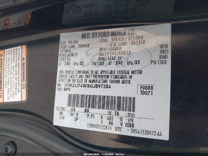 2004 Ford Explorer Eddie Bauer VIN: 1FMZU74WX4UB97384 Lot: 43810540