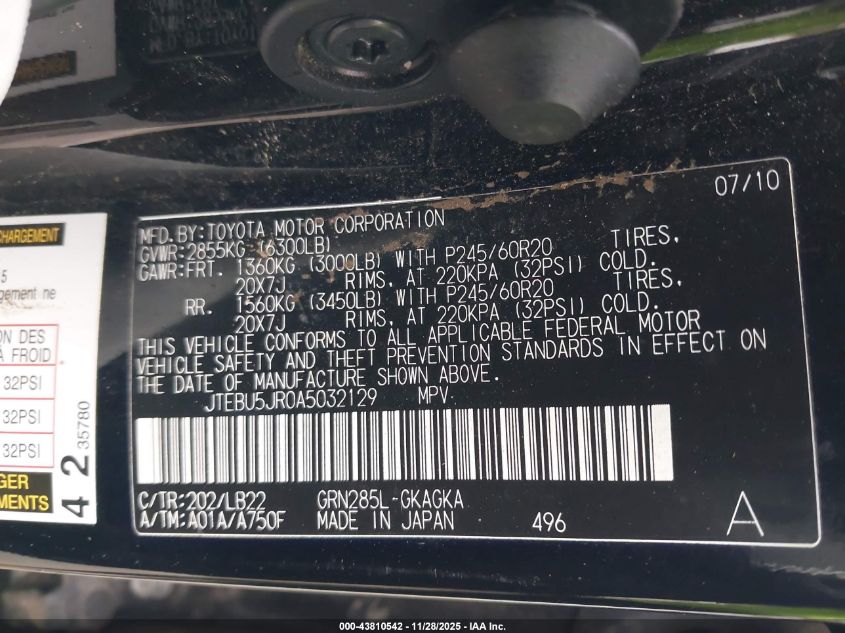 2010 Toyota 4Runner Limited V6 VIN: JTEBU5JR0A5032129 Lot: 43810542