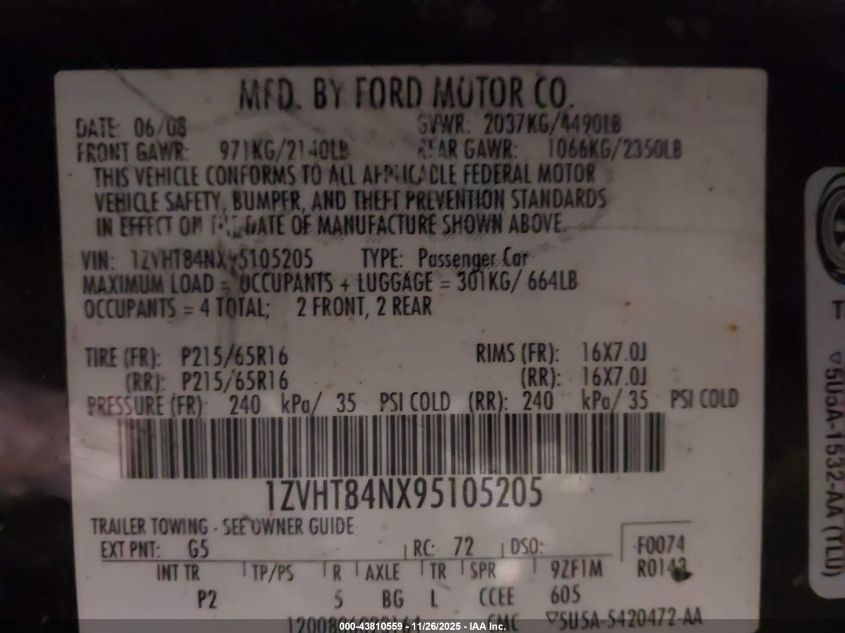 2009 Ford Mustang V6 VIN: 1ZVHT84NX95105205 Lot: 43810559