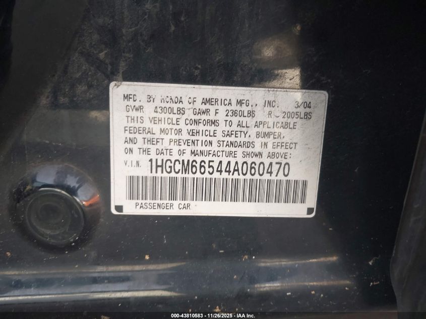 2004 Honda Accord 3.0 Ex VIN: 1HGCM66544A060470 Lot: 43810583