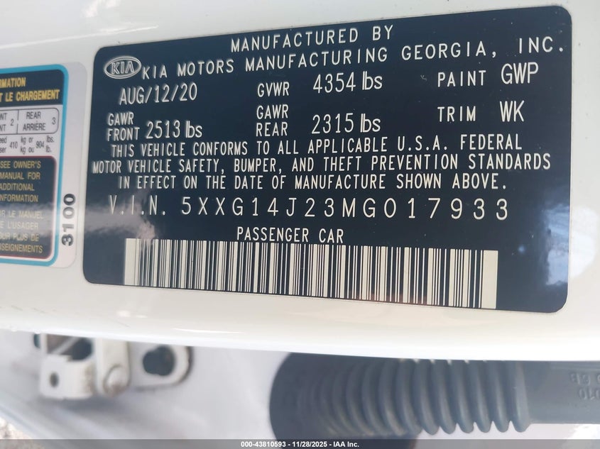 2021 Kia K5 Lxs VIN: 5XXG14J23MG017933 Lot: 43810593