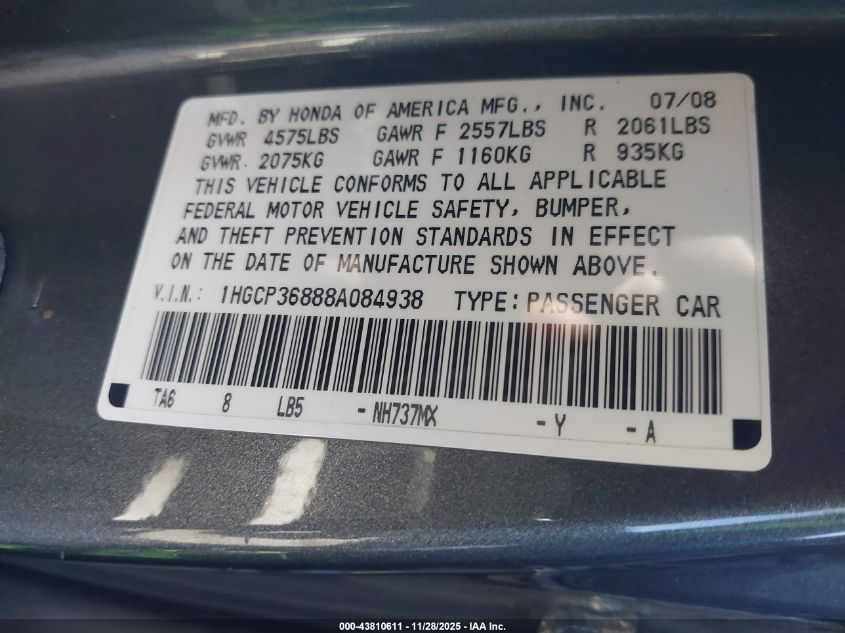 2008 Honda Accord 3.5 Ex-L VIN: 1HGCP36888A084938 Lot: 43810611
