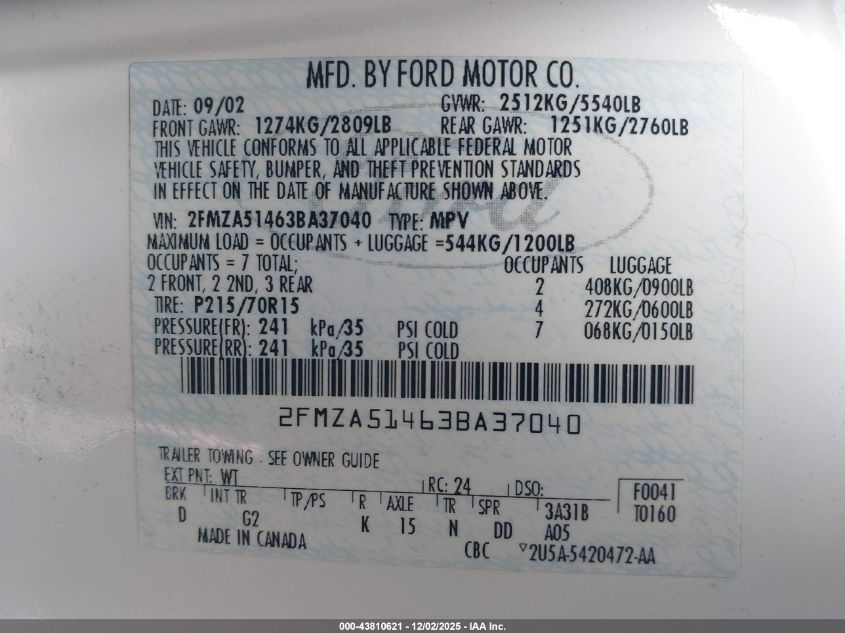 2003 Ford Windstar Lx VIN: 2FMZA51463BA37040 Lot: 43810621