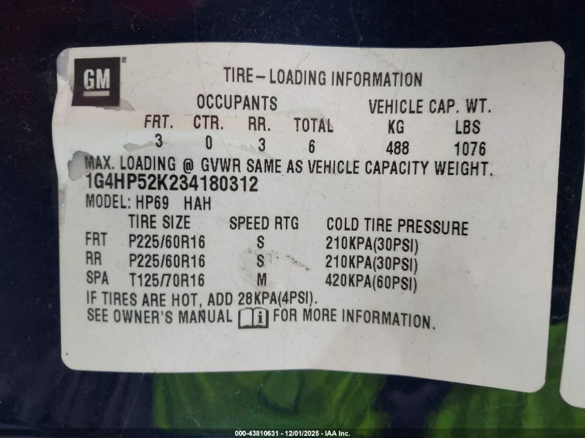 2003 Buick Lesabre Custom VIN: 1G4HP52K234180312 Lot: 43810631