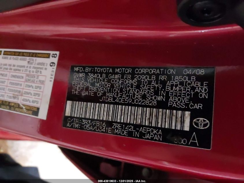 2009 Toyota Corolla Le VIN: JTDBL40E59J022828 Lot: 43810633