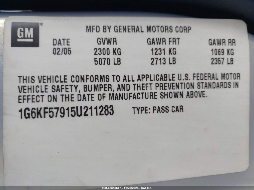 2005 Cadillac Deville Dts VIN: 1G6KF57915U211283 Lot: 43810647