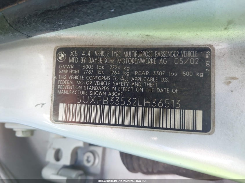 2002 BMW X5 4.4I VIN: 5UXFB33532LH36513 Lot: 43810649