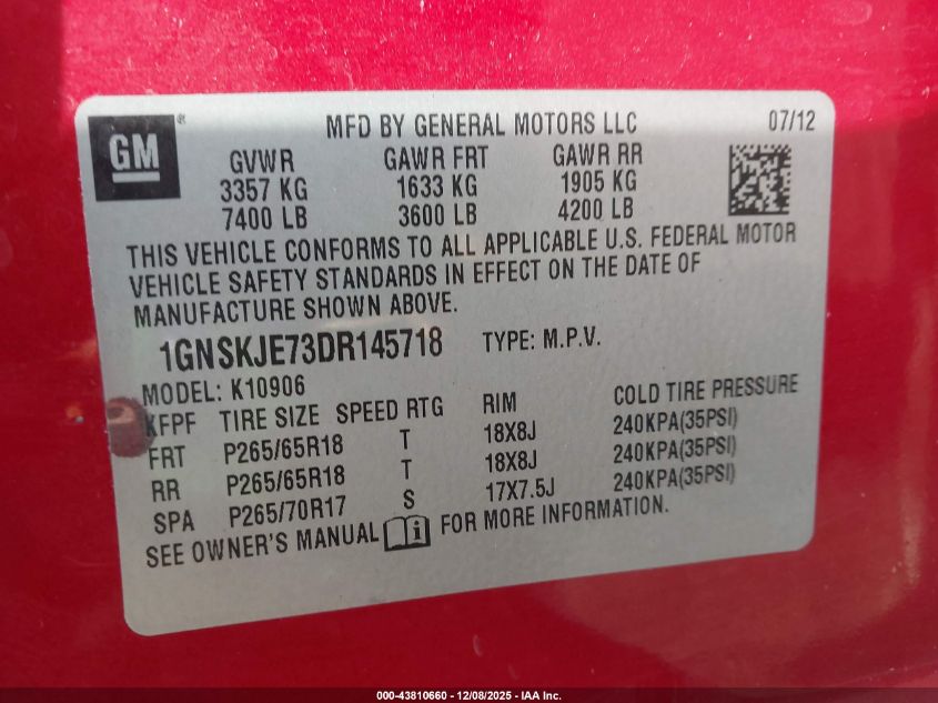 2013 Chevrolet Suburban 1500 Lt VIN: 1GNSKJE73DR145718 Lot: 43810660