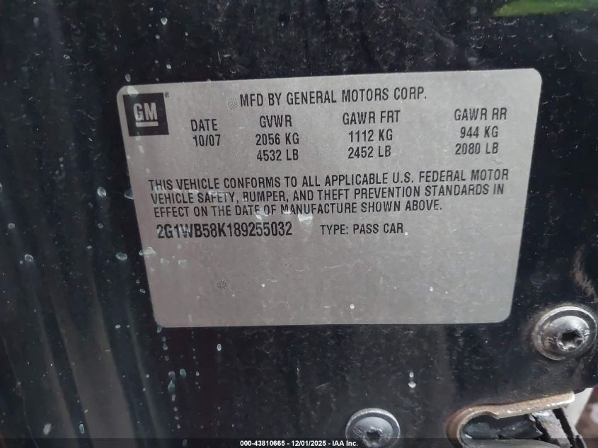 2008 Chevrolet Impala Ls VIN: 2G1WB58K189255032 Lot: 43810665