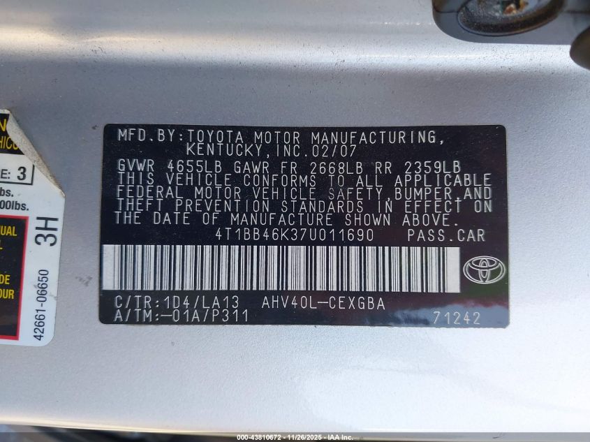 2007 Toyota Camry Hybrid VIN: 4T1BB46K37U011690 Lot: 43810672