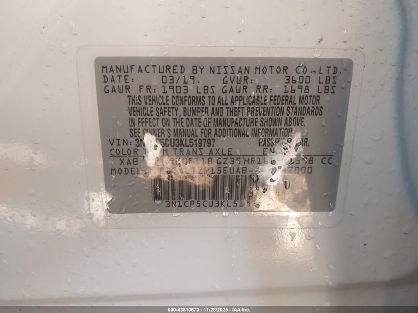 2019 Nissan Kicks Sr VIN: 3N1CP5CU3KL519797 Lot: 43810673