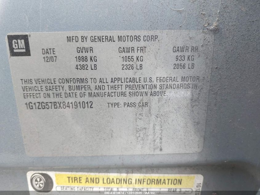 2008 Chevrolet Malibu Ls VIN: 1G1ZG57BX84191012 Lot: 43810674