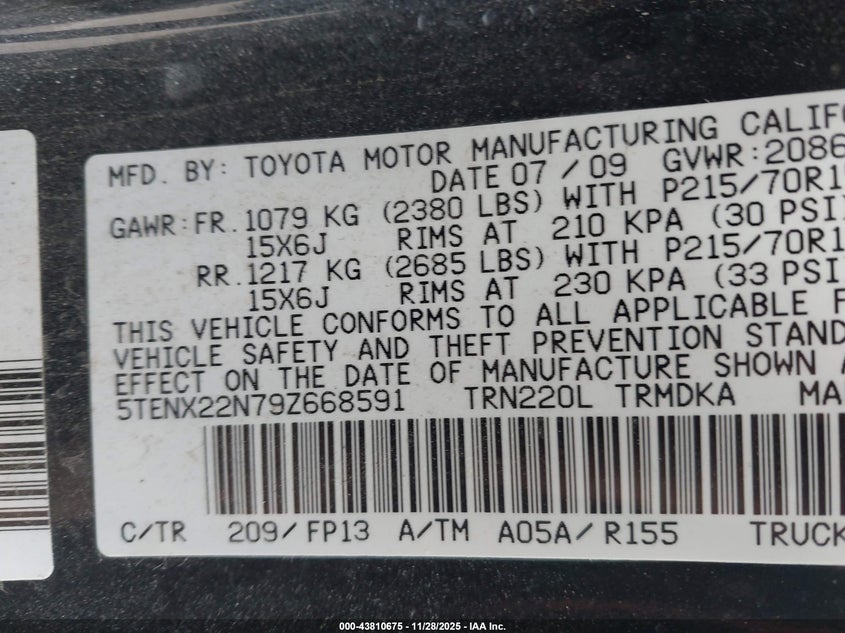 2009 Toyota Tacoma VIN: 5TENX22N79Z668591 Lot: 43810675