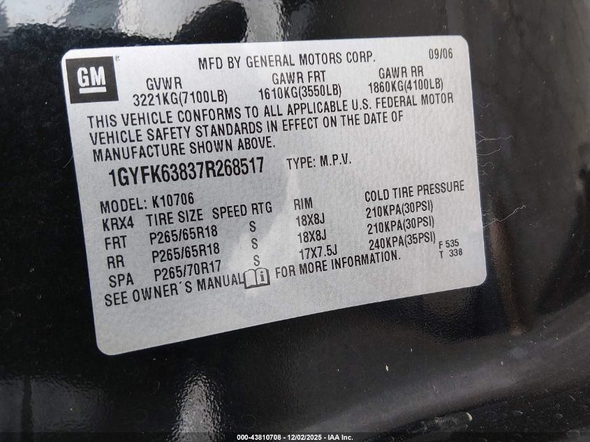 2007 Cadillac Escalade Standard VIN: 1GYFK63837R268517 Lot: 43810708