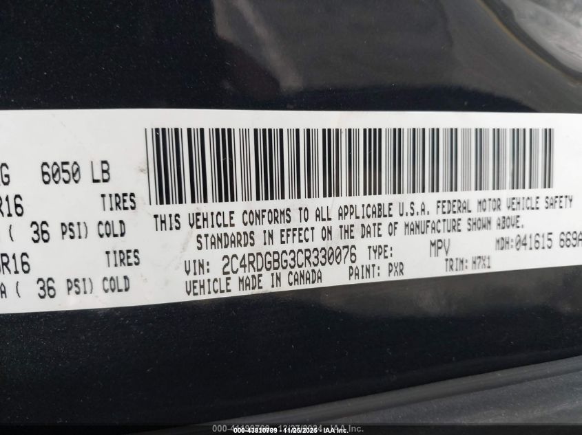 2012 Dodge Grand Caravan Se/Avp VIN: 2C4RDGBG3CR330076 Lot: 43810709