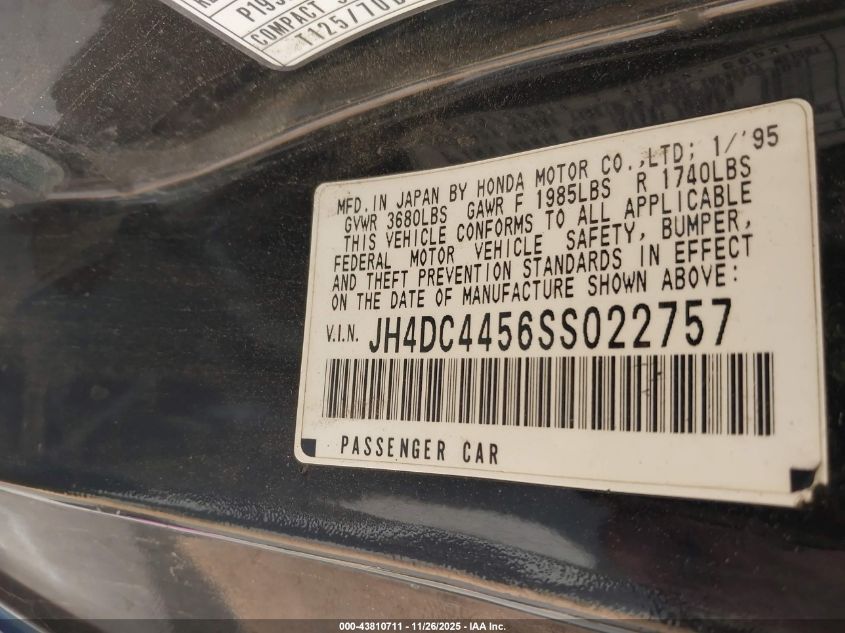 1995 Acura Integra Ls VIN: JH4DC4456SS022757 Lot: 43810711