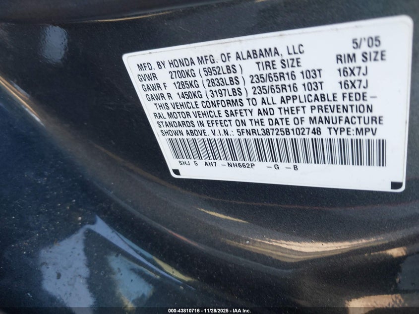 5FNRL38725B102748 2005 HONDA ODYSSEY photo no. 9